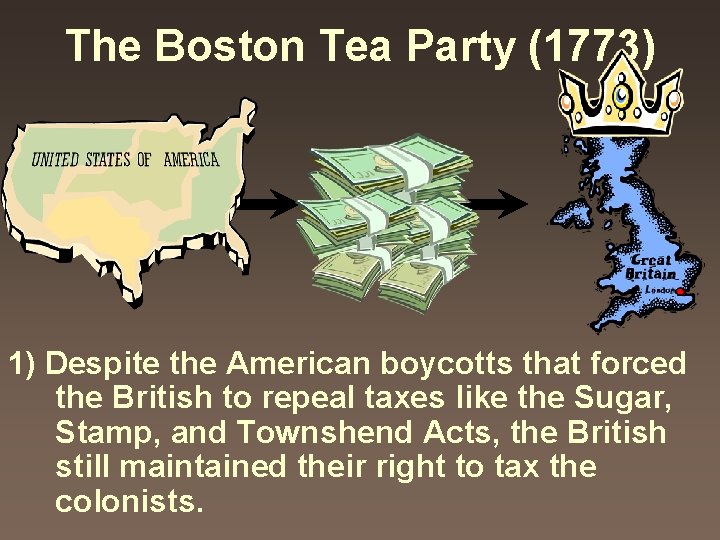 The Boston Tea Party (1773) 1) Despite the American boycotts that forced the British