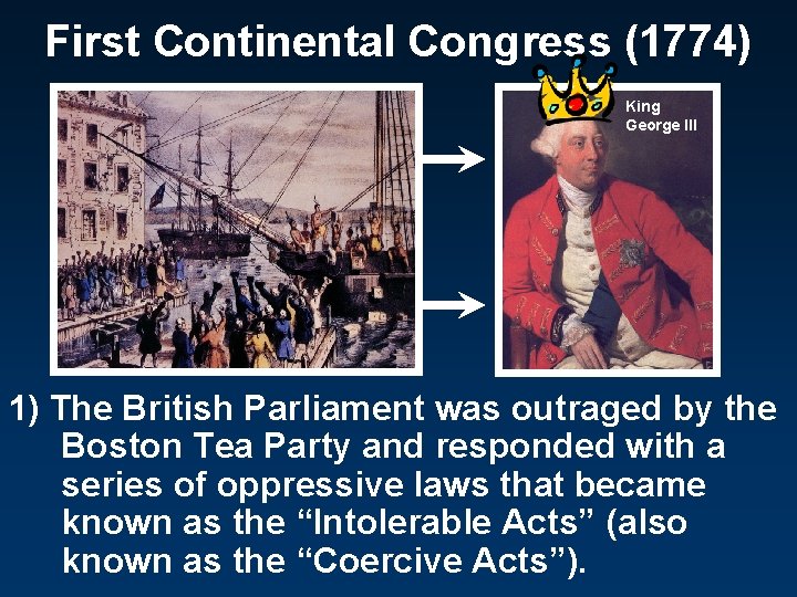 First Continental Congress (1774) King George III 1) The British Parliament was outraged by