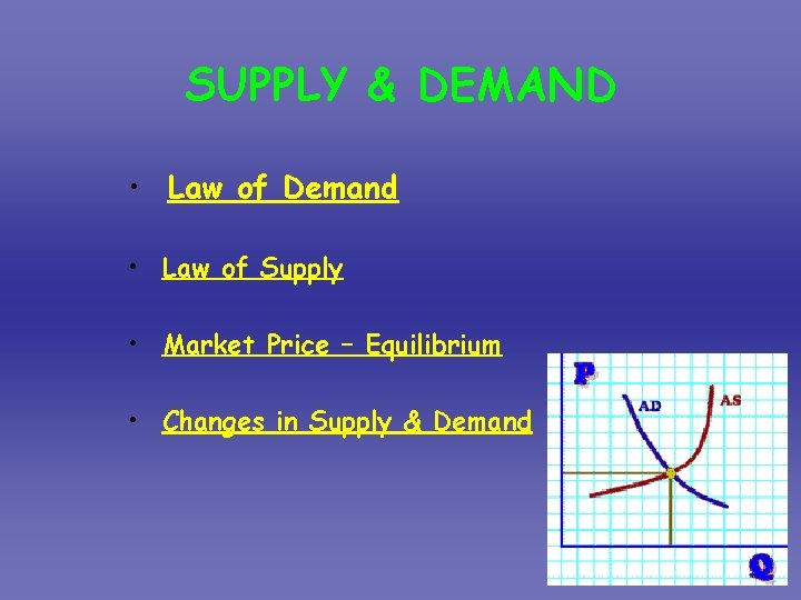 SUPPLY & DEMAND • Law of Demand • Law of Supply • Market Price