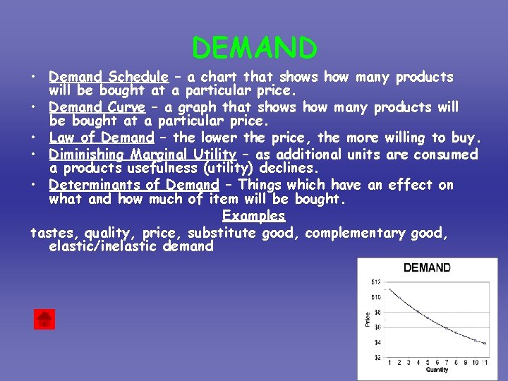 DEMAND • Demand Schedule – a chart that shows how many products will be