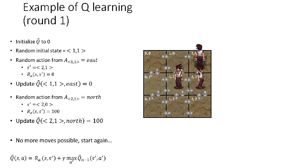 Example of Q learning (round 1) • 0, 0 1, 0 0 2, 0