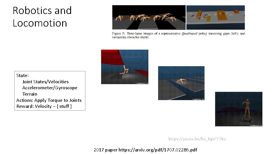 Robotics and Locomotion State: Joint States/Velocities Accelerometer/Gyroscope Terrain Actions: Apply Torque to Joints Reward: