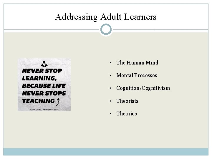 Addressing Adult Learners • The Human Mind • Mental Processes • Cognition/Cognitivism • Theorists