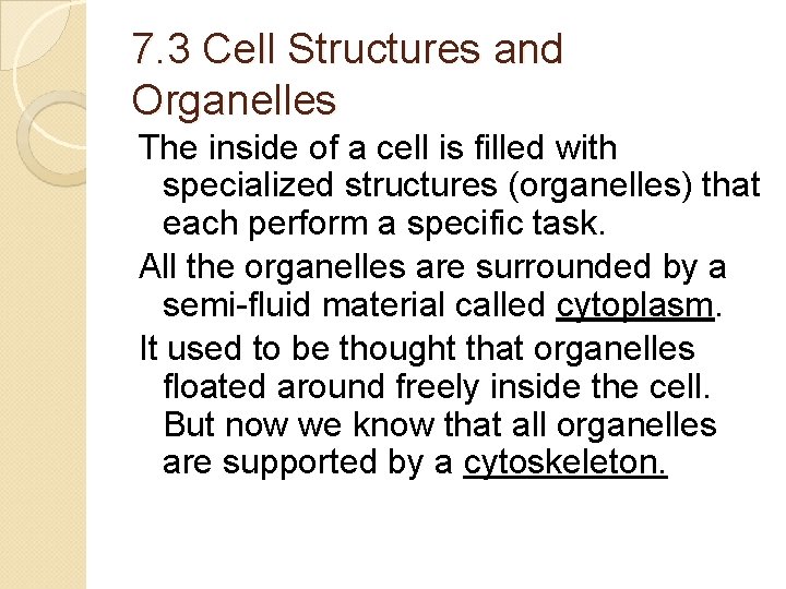 7. 3 Cell Structures and Organelles The inside of a cell is filled with
