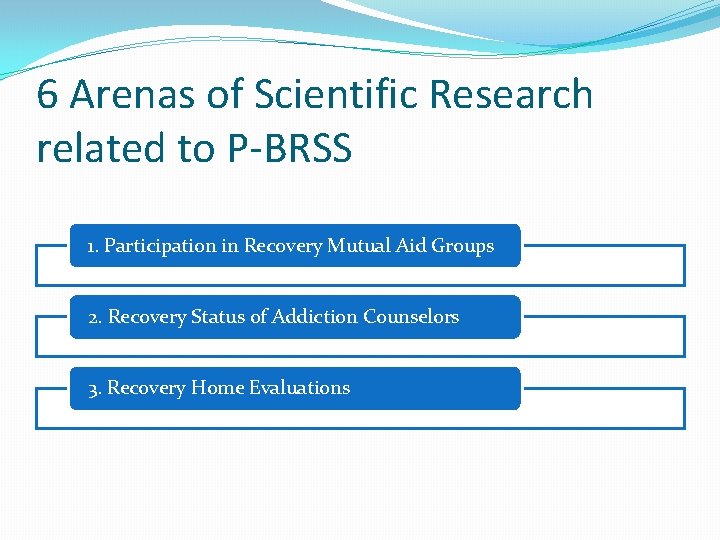 6 Arenas of Scientific Research related to P-BRSS 1. Participation in Recovery Mutual Aid 6 Arenas of Scientific Research related to P-BRSS 1. Participation in Recovery Mutual Aid