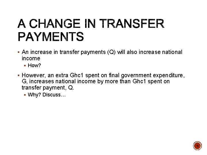 § An increase in transfer payments (Q) will also increase national income § How?