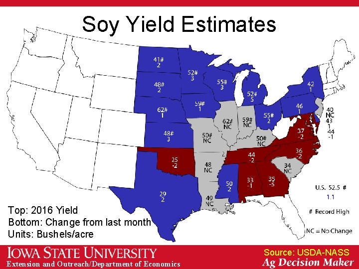 Soy Yield Estimates Top: 2016 Yield Bottom: Change from last month Units: Bushels/acre Source: