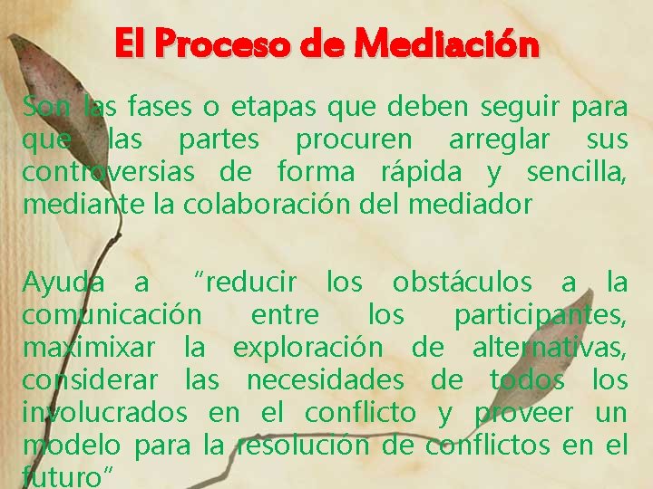 El Proceso de Mediación Son las fases o etapas que deben seguir para que