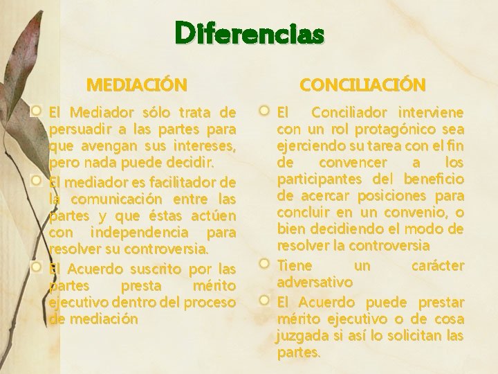 Diferencias MEDIACIÓN El Mediador sólo trata de persuadir a las partes para que avengan