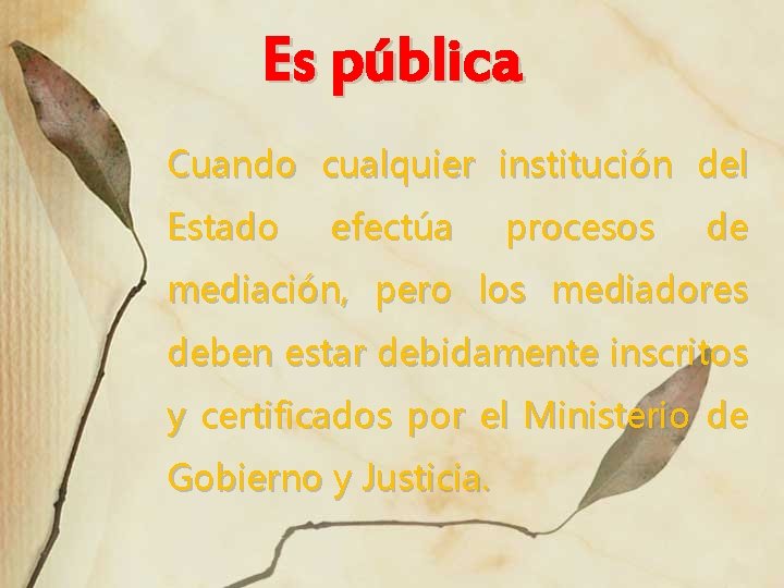 Es pública Cuando cualquier institución del Estado efectúa procesos de mediación, pero los mediadores