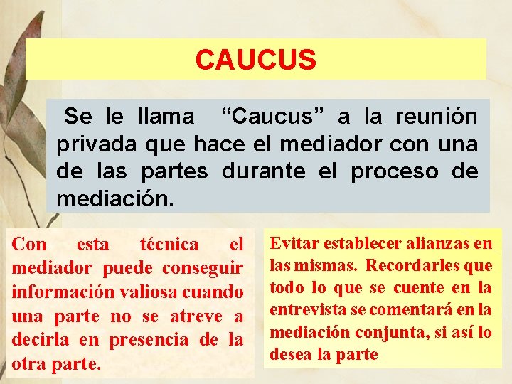 CAUCUS Se le llama “Caucus” a la reunión privada que hace el mediador con