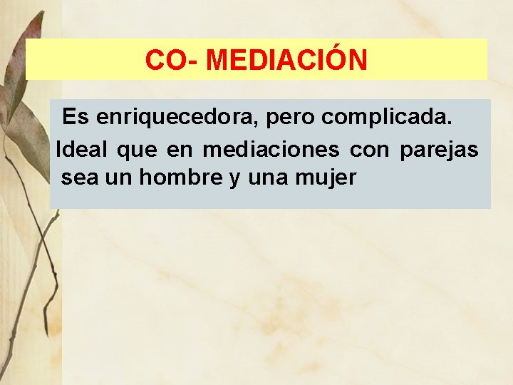 CO- MEDIACIÓN Es enriquecedora, pero complicada. Ideal que en mediaciones con parejas sea un