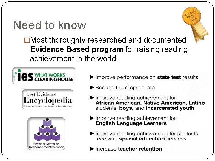 Need to know �Most thoroughly researched and documented Evidence Based program for raising reading
