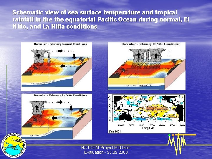 Schematic view of sea surface temperature and tropical rainfall in the equatorial Pacific Ocean