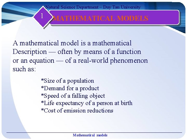 Natural Science Department Duy Tan University MATHEMATICAL MODELS