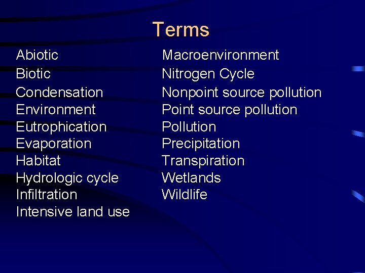 Terms Abiotic Biotic Condensation Environment Eutrophication Evaporation Habitat Hydrologic cycle Infiltration Intensive land use