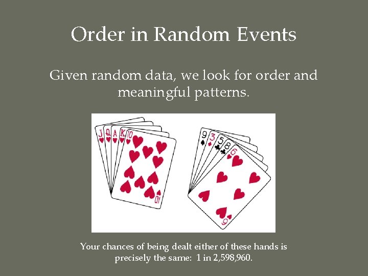 Order in Random Events Given random data, we look for order and meaningful patterns.