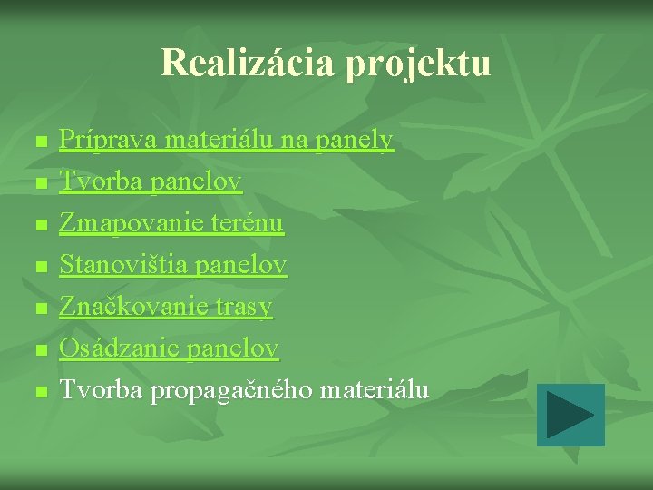 Realizácia projektu n n n n Príprava materiálu na panely Tvorba panelov Zmapovanie terénu