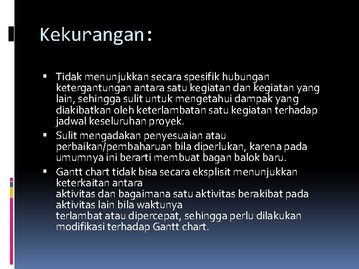 Kekurangan: Tidak menunjukkan secara spesifik hubungan ketergantungan antara satu kegiatan dan kegiatan yang lain,