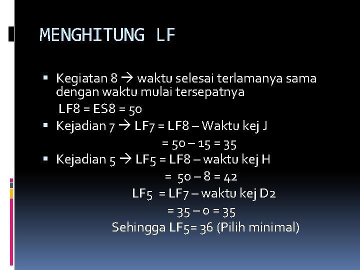 MENGHITUNG LF Kegiatan 8 waktu selesai terlamanya sama dengan waktu mulai tersepatnya LF 8