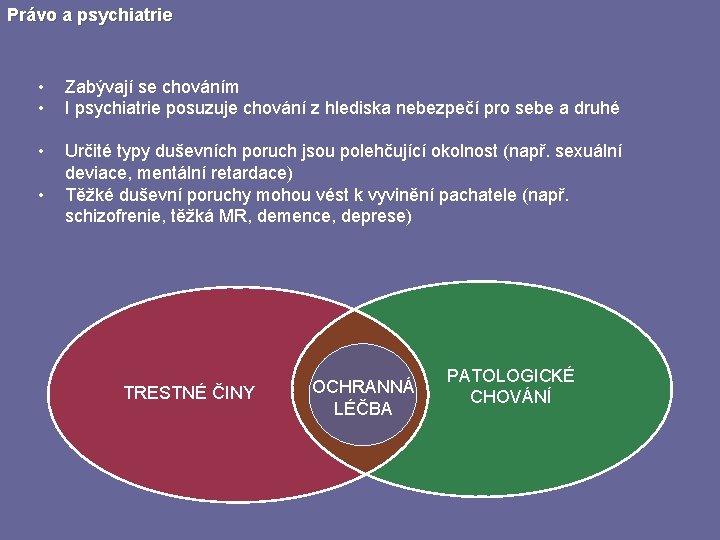 Právo a psychiatrie • • Zabývají se chováním I psychiatrie posuzuje chování z hlediska