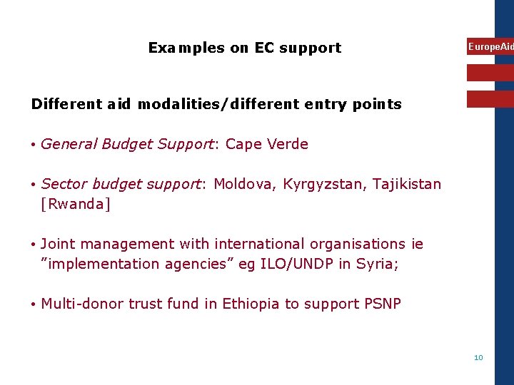 Examples on EC support Europe. Aid Different aid modalities/different entry points • General Budget