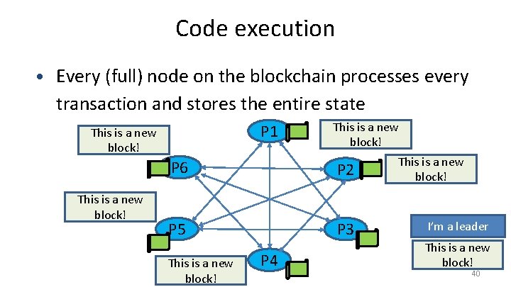 Code execution • Every (full) node on the blockchain processes every transaction and stores