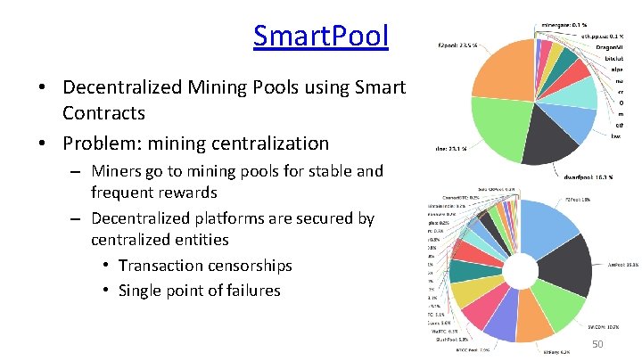 Smart. Pool • Decentralized Mining Pools using Smart Contracts • Problem: mining centralization –