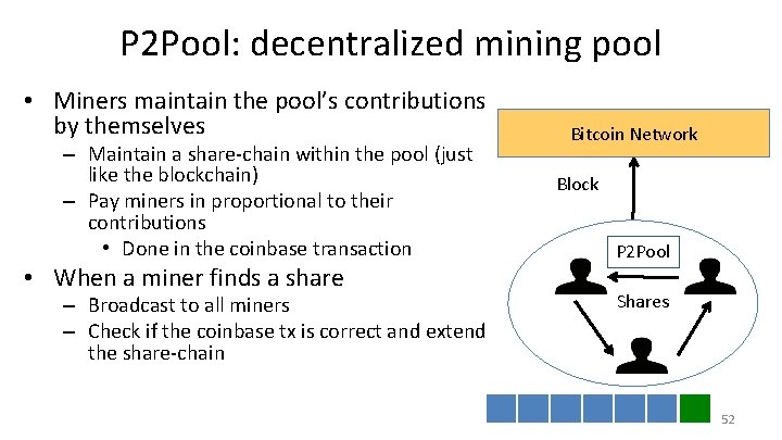 P 2 Pool: decentralized mining pool • Miners maintain the pool’s contributions by themselves