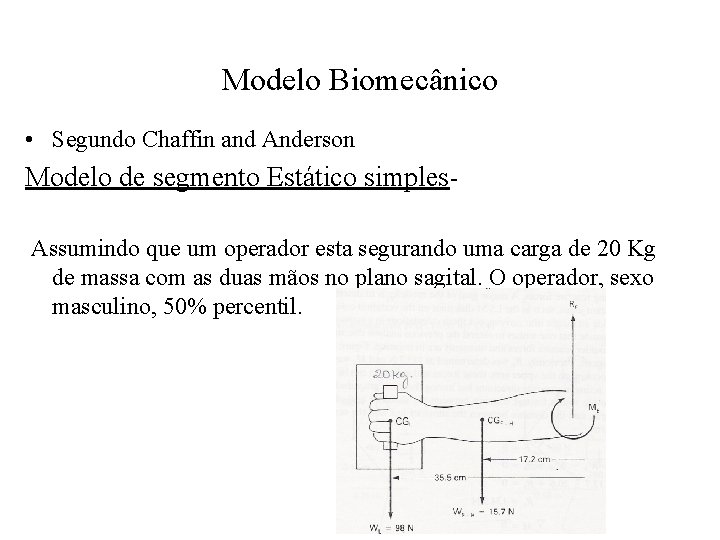 Modelo Biomecânico • Segundo Chaffin and Anderson Modelo de segmento Estático simples. Assumindo que