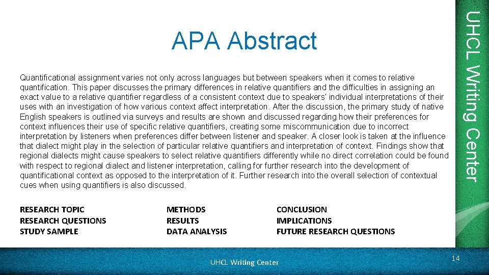 UHCL Writing Center APA Abstract Quantificational assignment varies not only across languages but between