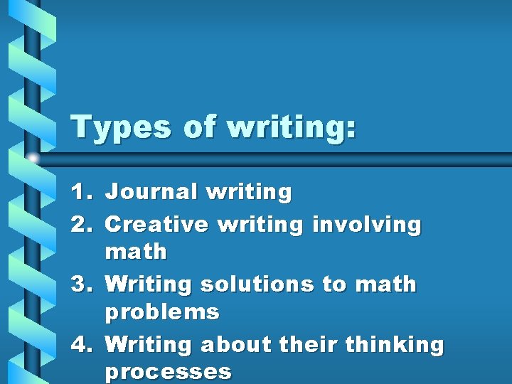Types of writing: 1. Journal writing 2. Creative writing involving math 3. Writing solutions Types of writing: 1. Journal writing 2. Creative writing involving math 3. Writing solutions