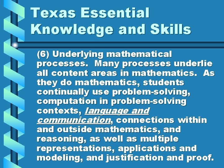 Texas Essential Knowledge and Skills (6) Underlying mathematical processes. Many processes underlie all content Texas Essential Knowledge and Skills (6) Underlying mathematical processes. Many processes underlie all content