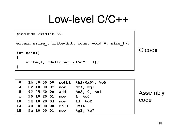 Low-level C/C++ #include <stdlib. h> extern ssize_t write(int, const void *, size_t); int main()