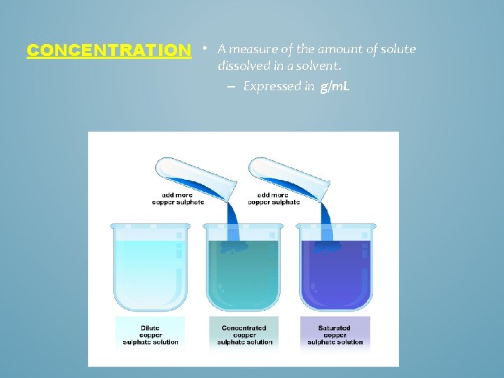 CONCENTRATION • A measure of the amount of solute dissolved in a solvent. –