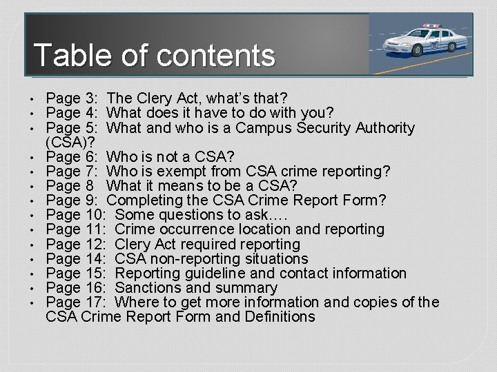 Table of contents • • • • Page 3: The Clery Act, what’s that?