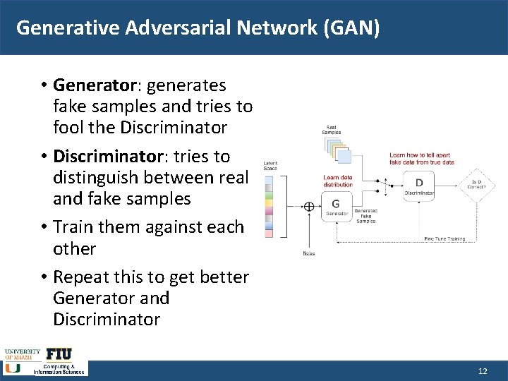 Generative Adversarial Network (GAN) • Generator: generates fake samples and tries to fool the