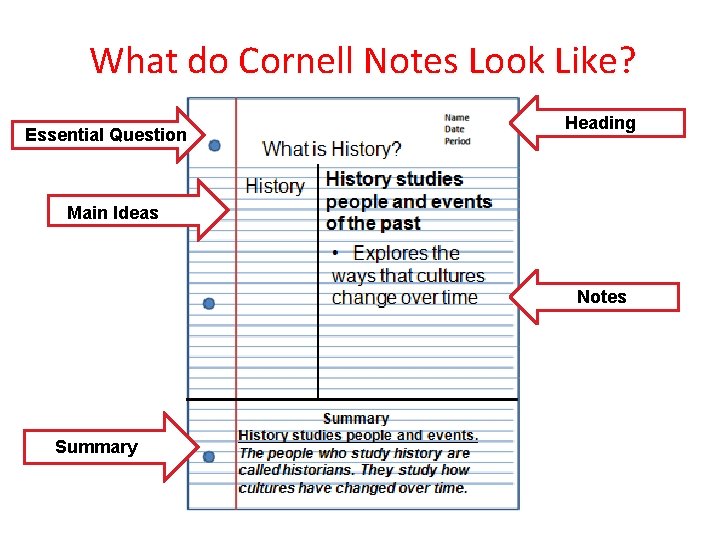 What do Cornell Notes Look Like? Essential Question Heading Main Ideas Notes Summary 