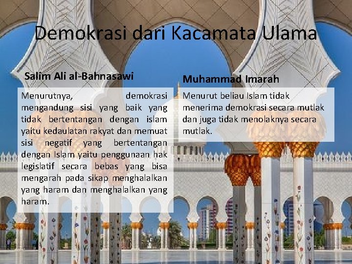 Demokrasi dari Kacamata Ulama Salim Ali al-Bahnasawi Menurutnya, demokrasi mengandung sisi yang baik yang