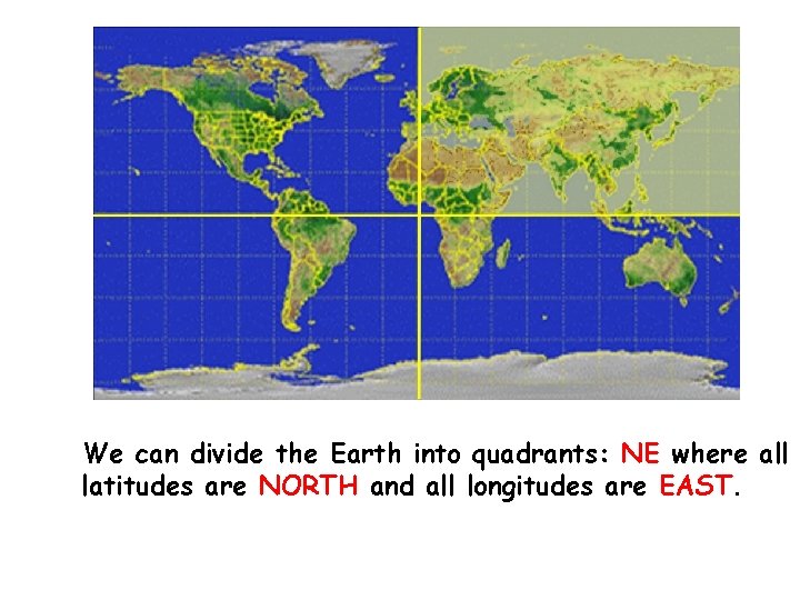 We can divide the Earth into quadrants: NE where all latitudes are NORTH and