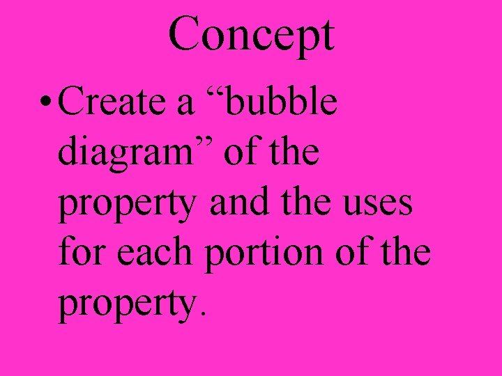 Concept • Create a “bubble diagram” of the property and the uses for each Concept • Create a “bubble diagram” of the property and the uses for each