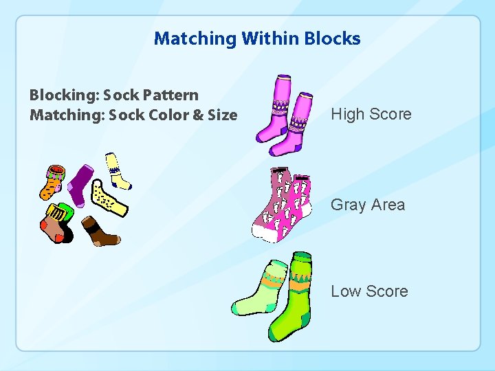 Matching Within Blocks Blocking: Sock Pattern Matching: Sock Color & Size High Score Gray