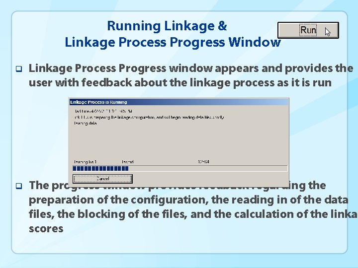 Running Linkage & Linkage Process Progress Window q Linkage Process Progress window appears and