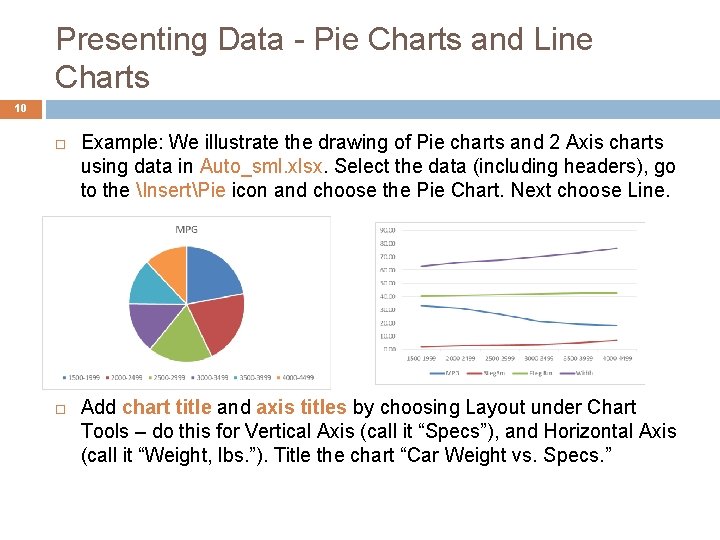 Presenting Data - Pie Charts and Line Charts 10 Example: We illustrate the drawing