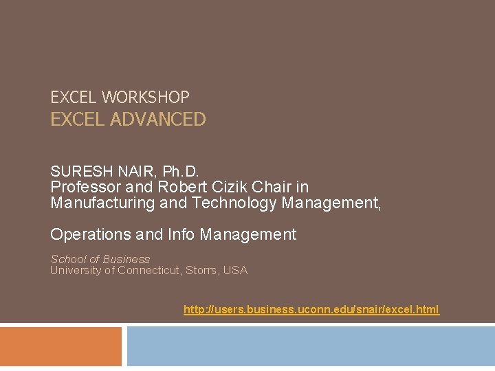 EXCEL WORKSHOP EXCEL ADVANCED SURESH NAIR, Ph. D. Professor and Robert Cizik Chair in