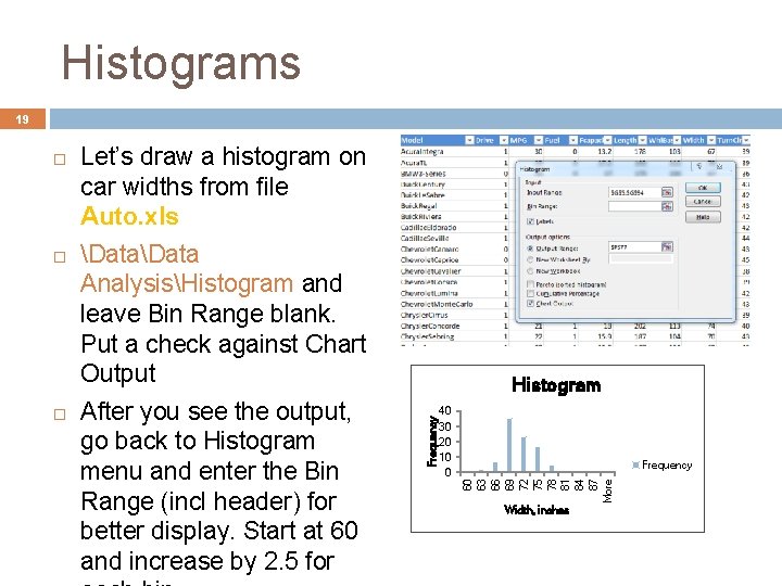 Histograms 19 Data AnalysisHistogram and leave Bin Range blank. Put a check against Chart