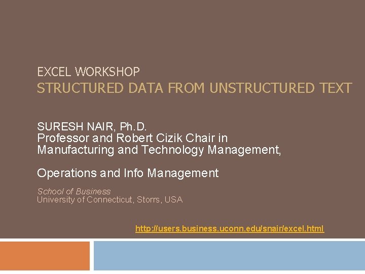 EXCEL WORKSHOP STRUCTURED DATA FROM UNSTRUCTURED TEXT SURESH NAIR, Ph. D. Professor and Robert