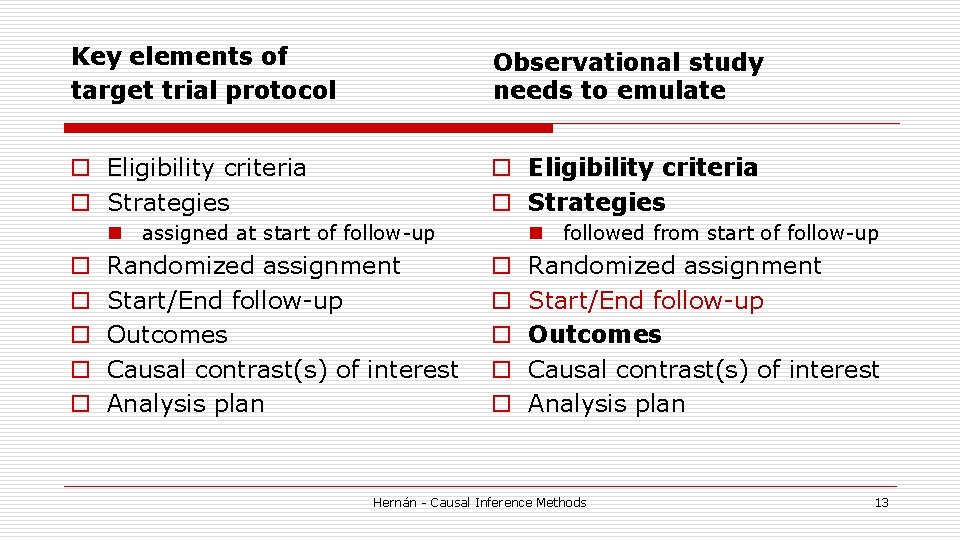 Key elements of target trial protocol Observational study needs to emulate o Eligibility criteria Key elements of target trial protocol Observational study needs to emulate o Eligibility criteria