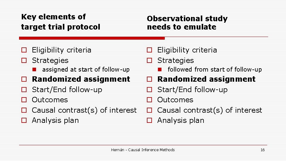 Key elements of target trial protocol Observational study needs to emulate o Eligibility criteria Key elements of target trial protocol Observational study needs to emulate o Eligibility criteria