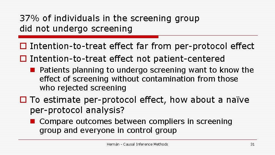 37% of individuals in the screening group did not undergo screening o Intention-to-treat effect 37% of individuals in the screening group did not undergo screening o Intention-to-treat effect